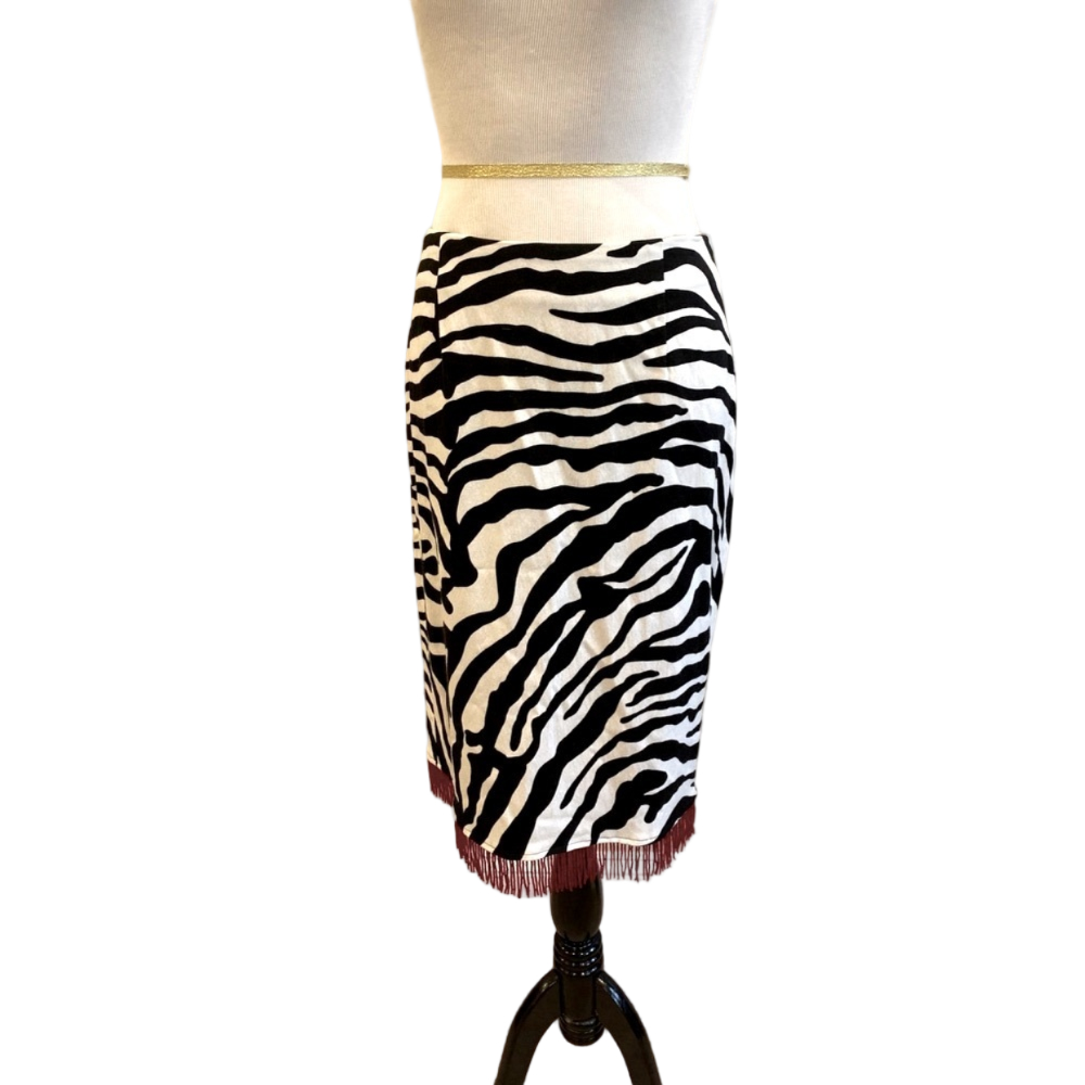 Hugo Buscati Zebra Print Skirt Red Beaded Fringe Size 8